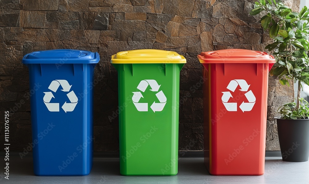 Four colorful recycling bins in a modern office space promote eco-friendly waste management and sustainability. Four colorful recycling bins in a modern office space promote eco-friendly waste management and sustainability.
