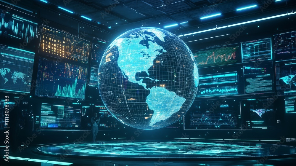 In a high-tech studio, a globe spins amid vibrant graphics and anchors discuss urgent global news.