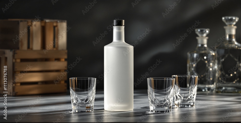 Frosted Glass Vodka Bottle Surrounded by Crystal Tumblers on a Shadowy Table Frosted Glass Vodka Bottle Surrounded by Crystal Tumblers on a Shadowy Table