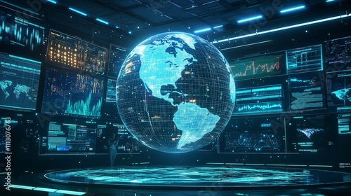 Obraz na płótnie In a high-tech studio, a globe spins amid vibrant graphics and anchors discuss urgent global news. w salonie