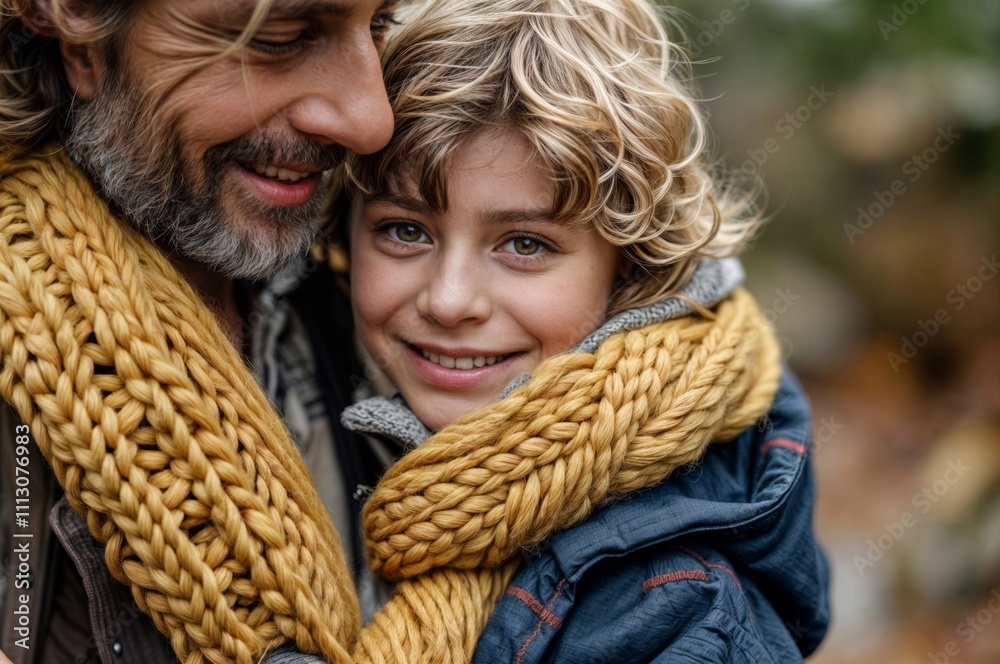Close-up of a father and son warmly wrapped in a thick yellow scarf, smiling outdoors during a chilly day. . Close-up of a father and son warmly wrapped in a thick yellow scarf, smiling outdoors during a chilly day. .