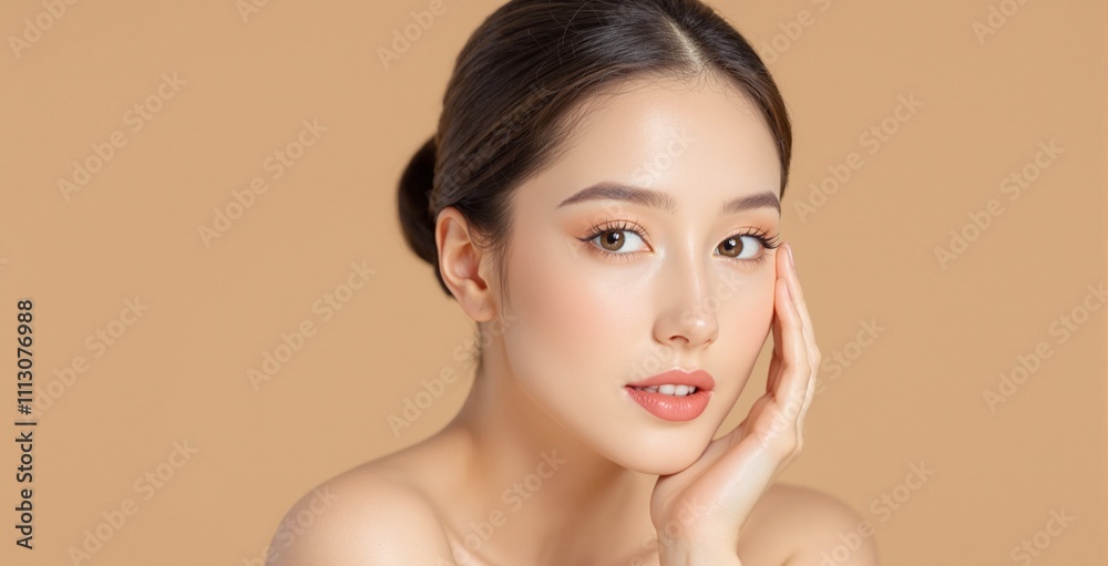 Elegant Portrait of a Young Woman with Natural Makeup and Subtle Expression Against a Warm Background Elegant Portrait of a Young Woman with Natural Makeup and Subtle Expression Against a Warm Background