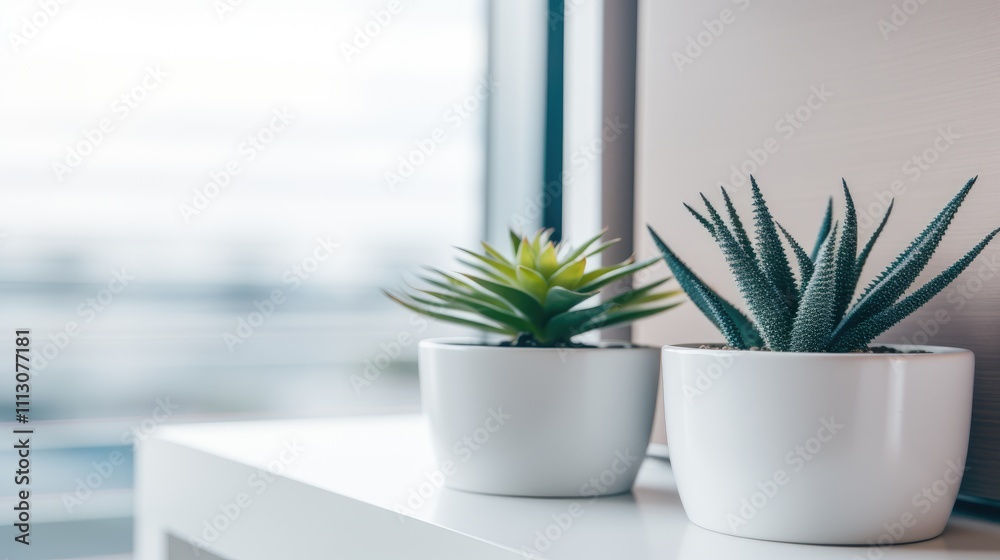 Two potted succulent plants on a white surface near a window. Two potted succulent plants on a white surface near a window.