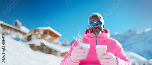 portrait of an Afro American man with a cup of tea. Winter landscape background. Copy space for text. Hot beverage concept. For banner, design, sale, social media, blog, cover, thumbnail, presentation photo