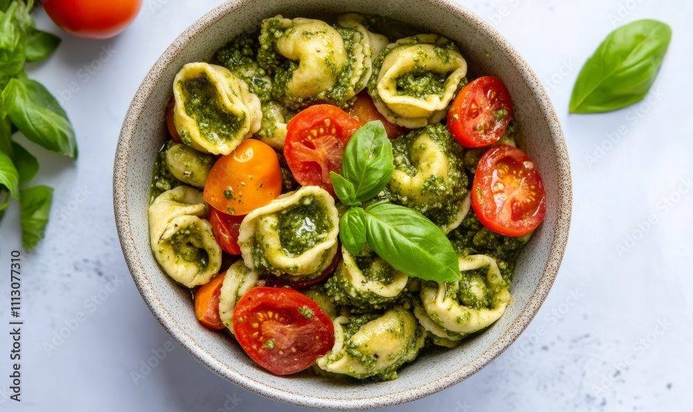 Raw tortellini pasta with tomato pesto and basil Raw tortellini pasta with tomato pesto and basil