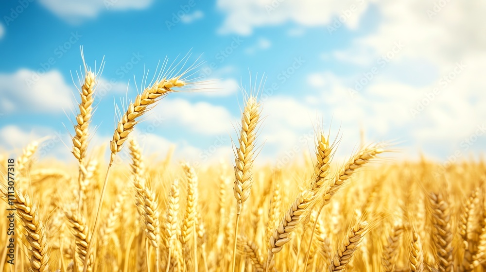 Golden wheat stalks sway in a field under a bright blue sky. Golden wheat stalks sway in a field under a bright blue sky.