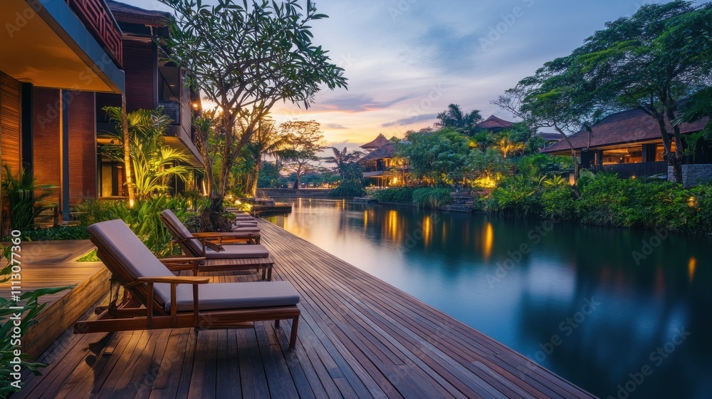 Scenic riverfront luxury hotel, wooden terrace, lush surroundings, relaxing atmosphere, Scenic riverfront luxury hotel, wooden terrace, lush surroundings, relaxing atmosphere,