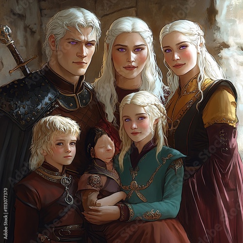 A portrait of a family with a father, two mothers, a young daughter, and a baby. The family is dressed in medieval-style clothing. photo