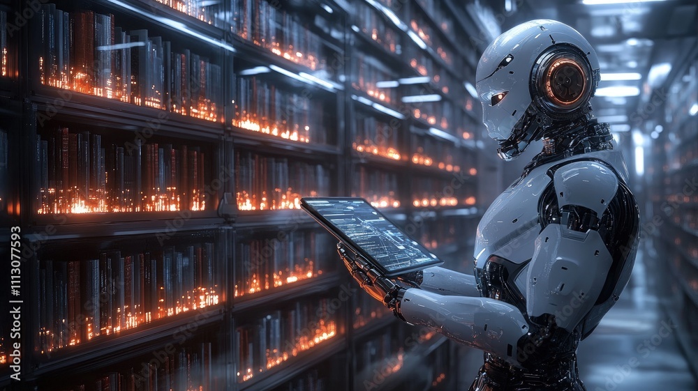 A humanoid robot examines a digital tablet in a futuristic library filled with glowing shelves.