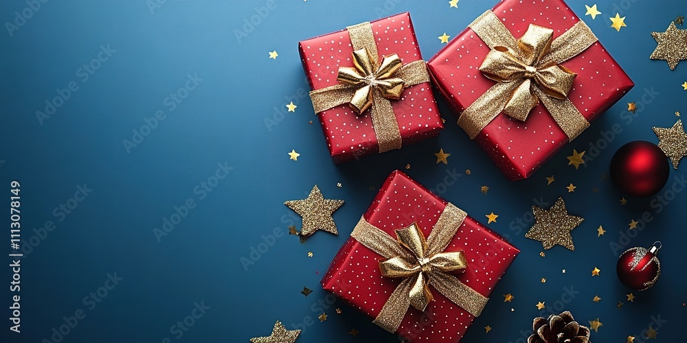 Shining Holiday Magic: Overhead photo of twinkling wrapped gifts, ornaments Shining Holiday Magic: Overhead photo of twinkling wrapped gifts, ornaments