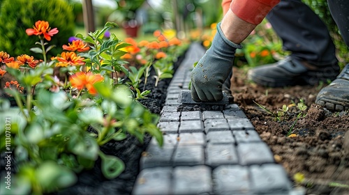 Gardener installing gray paving stones beside vibrant orange and yellow flowers.