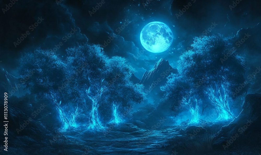 Enchanted blue trees glowing under a full moon in a mystical night landscape. Enchanted blue trees glowing under a full moon in a mystical night landscape.