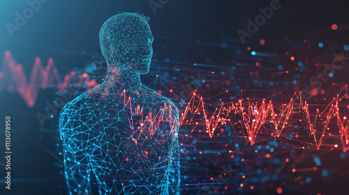 Wireframe human model overlaid with red and blue biodata waveforms. Represents AIdriven health monitoring, digital diagnostics, and personalized medicine. Futuristic medical technology concept. photo