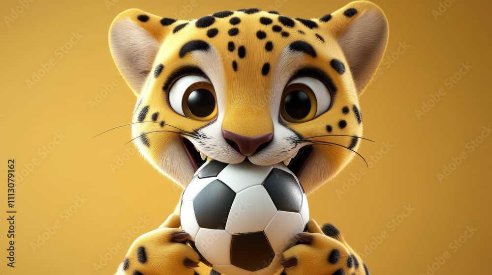 A cheerful cartoon leopard holds a soccer ball, showcasing enthusiasm for sports. A cheerful cartoon leopard holds a soccer ball, showcasing enthusiasm for sports.