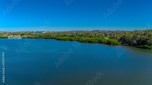 Panorama Aerial view above Rhodes with views to Meadowbank and Olympic park and Wentworth Point and Concord West with Parramatta River in Sydney NSW Australia photo