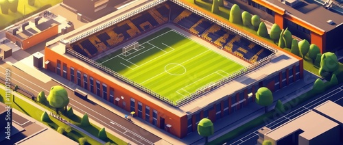 Aerial view of a modern sports stadium with a well-maintained soccer field.