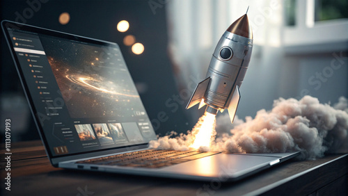 shuttle launch Laptop and 3d silver rocket flying from the screen, gray background with space for text, startup concept, Generative AI photo