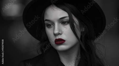 a woman wearing  a black hat on her head.