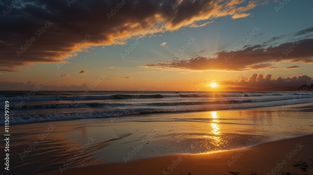 Obraz premium Vibrant sunset over ocean beach with waves. (2)