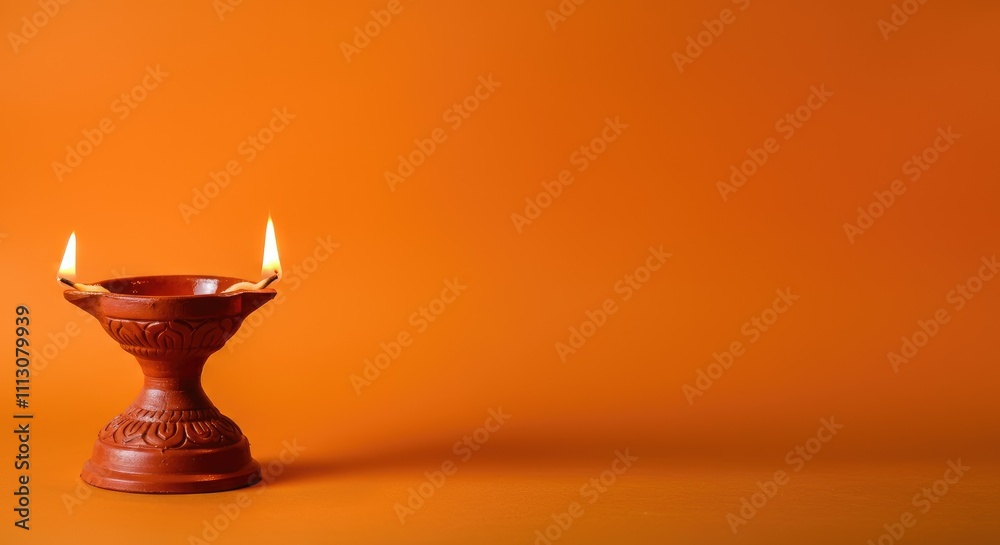Lit traditional oil lamp with two wicks on orange background Lit traditional oil lamp with two wicks on orange background