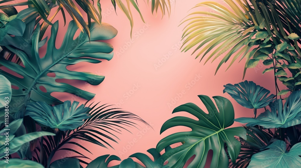 Exotic plants on a pink backdrop create a lush, serene tropical paradise. Exotic plants on a pink backdrop create a lush, serene tropical paradise.