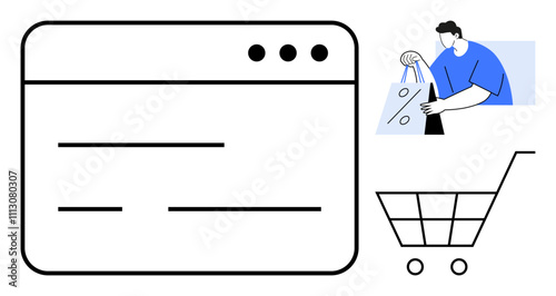 E-commerce website window with cart and person holding shopping bag. Ideal for online shopping, e-commerce, digital marketing, retail, web design, customer engagement, business strategies. Line