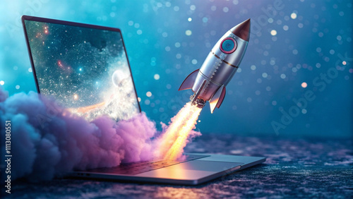 diagonal shuttle launch Laptop and rocket flying from the screen, blue and purple background with space for text, startup concept, Generative AI photo