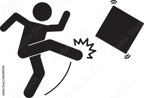 An illustration of a stickman icon in the act of kicking a box, depicted with one leg extended toward a simple rectangular box, suggesting motion and action
