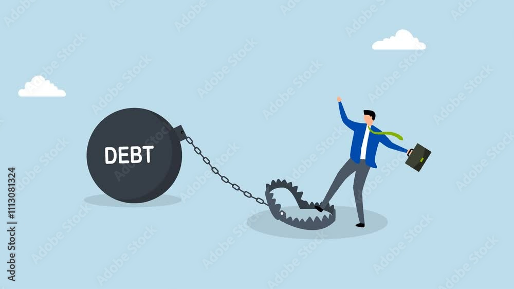 Debt trap overspending causing danger debt, 4k animation of young man step on risky debt trap.