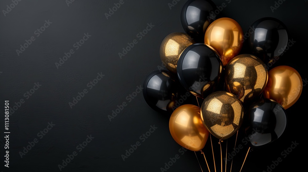 Elegant black and gold balloons cluster against a dark background. Elegant black and gold balloons cluster against a dark background.