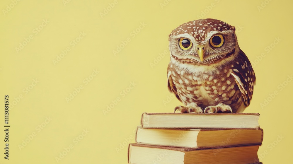 custom made wallpaper toronto digitalA wise owl perched on stacked books against a yellow background.