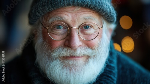 Warm smile of an elderly man with a full white beard wearing glasses and a cozy knitted hat, exuding a sense of kindness and wisdom against a softly lit background. Generative AI Generative AI