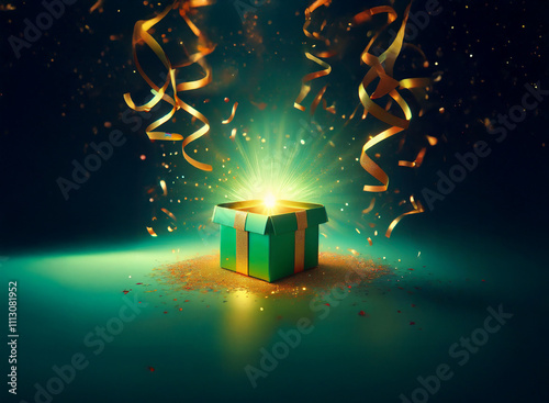 A glowing green gift box sits open, emitting a bright light. Golden confetti and ribbons swirl around it, creating a magical, celebratory scene.