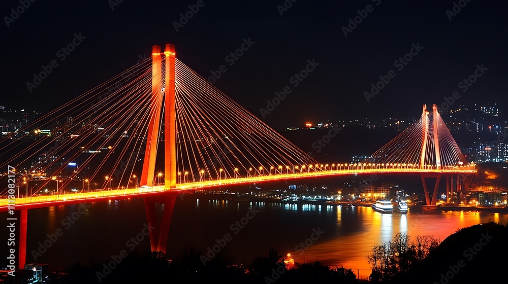 Obraz premium Illuminated cable-stayed bridge spanning a harbor at night.
