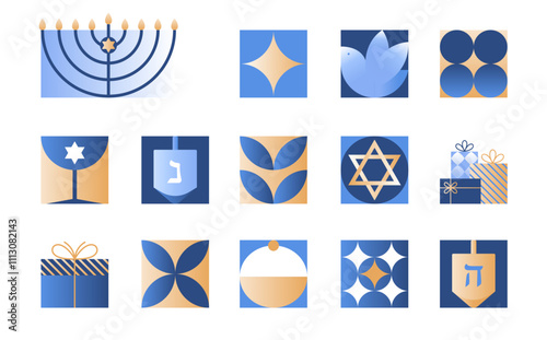Vector Hanukkah symbols set.Festive emblems with menorah,dove,latkes,dreidel,David star ,gifts in blue,gold and white colors.Jewish festival of lights icons for prints,covers,invitations,social media.