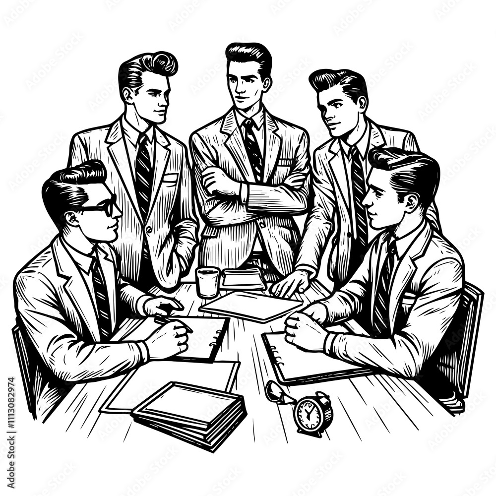 Three businessmen discussing work at a desk in black-and-white style, generative ai. Three businessmen discussing work at a desk in black-and-white style, generative ai.