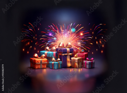 A vibrant firework display bursts above a pile of colorful, festively wrapped gifts.  The scene is dark, highlighting the bright gifts and celebratory fireworks. photo