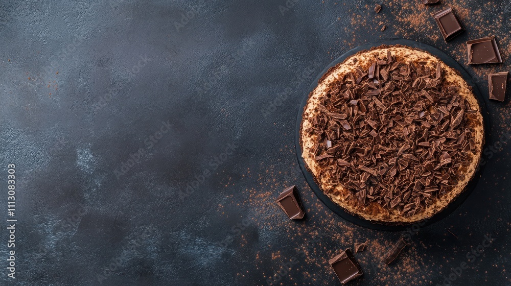 A delicious chocolate cake topped with chocolate shavings on a textured surface. A delicious chocolate cake topped with chocolate shavings on a textured surface.