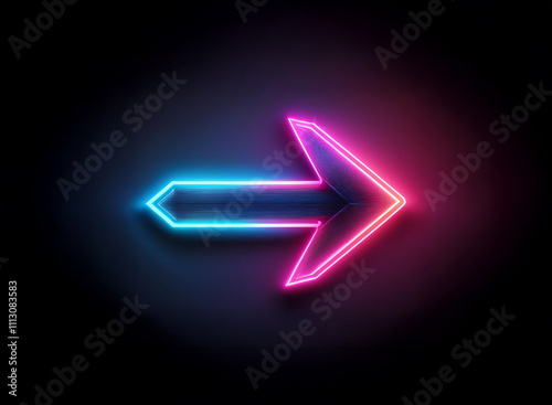 A vibrant neon arrow points right, glowing with blue and pink light against a dark background. The arrow has a sleek, modern design.