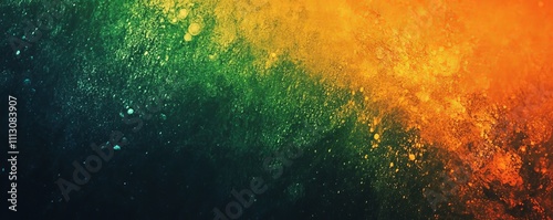 Grainy noise texture background, abstract orange green vibrant glowing color gradient shape on black backdrop, dark banner poster header cover wallpaper design