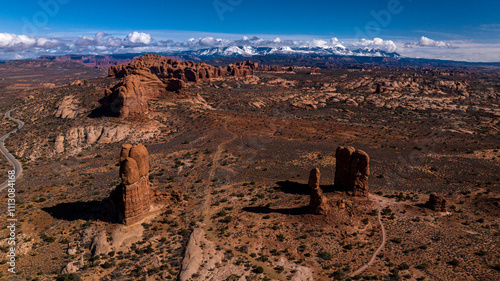 MARCH 2024, ARCHES NATIONAL PARK, UTAH - Arches National Park with LaSal  snow capped mountains in background, Utah photo