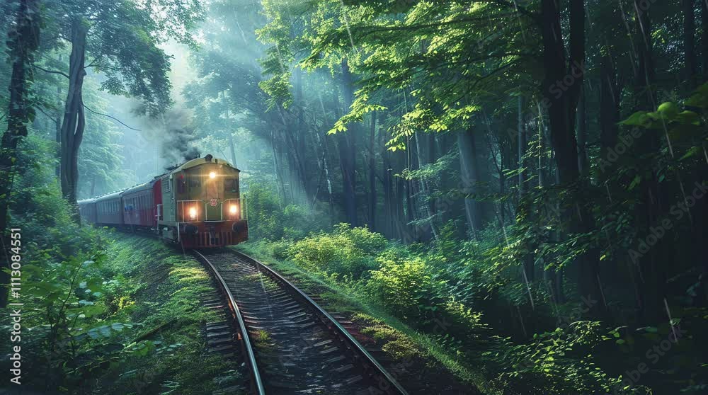 Scenic train passing through lush green landscape with warm sunlight rays  
Seamless looping 4k time-lapse virtual video animation Generated AI