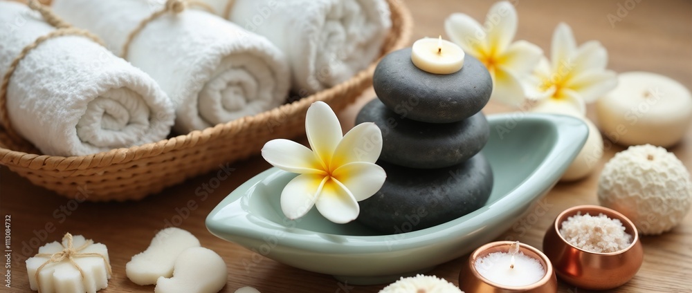 A calming spa arrangement featuring balanced stones, fragrant candles, and delicate frangipani flowers. Perfect for promoting relaxation, wellness, and serenity in any wellness or meditation setting.
