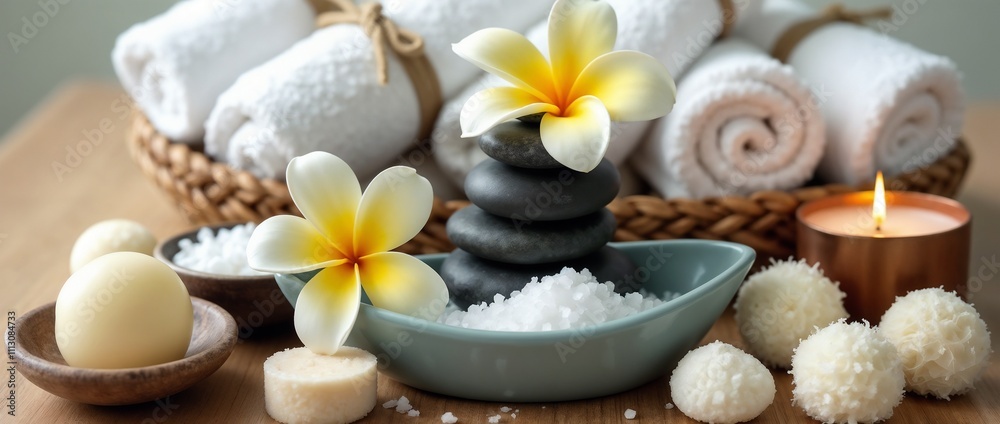 A calming spa arrangement featuring balanced stones, fragrant candles, and delicate frangipani flowers. Perfect for promoting relaxation, wellness, and serenity in any wellness or meditation setting.
A calming spa arrangement featuring balanced stones, fragrant candles, and delicate frangipani flowers. Perfect for promoting relaxation, wellness, and serenity in any wellness or meditation setting.