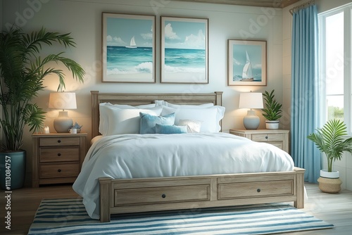 Coastal style bedroom with light wood furniture. Crisp white linens, light blue accents create calming atmosphere. Ocean-themed artwork adds touch of seaside charm. Relaxing oasis bedroom setting. photo