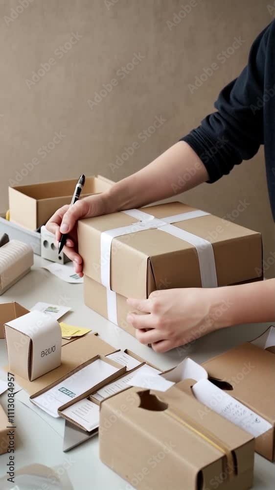 an online shop employee preparing a purchase for shipping.