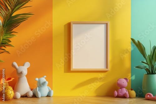 Bright and colorful children's playroom featuring cute toys and an empty frame for artwork
