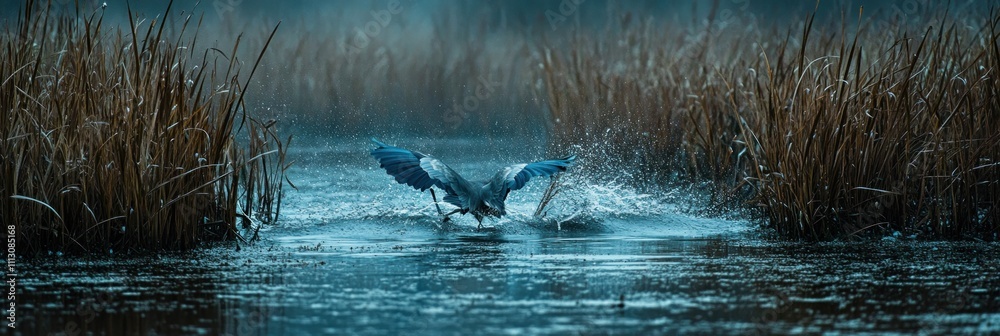 A heron catching fish in a serene wetland, surrounded by tall grasses and misty atmosphere. A heron catching fish in a serene wetland, surrounded by tall grasses and misty atmosphere.