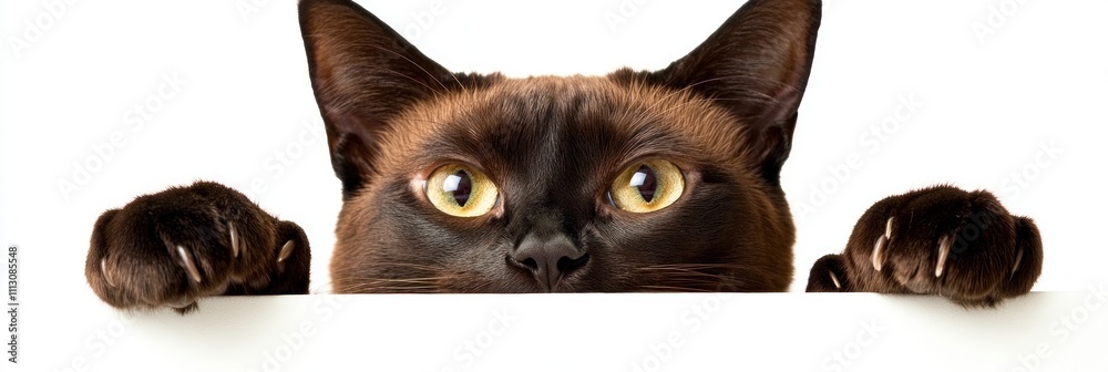 Fototapeta premium A curious cat peeks over a white surface, showcasing its expressive eyes and paws.