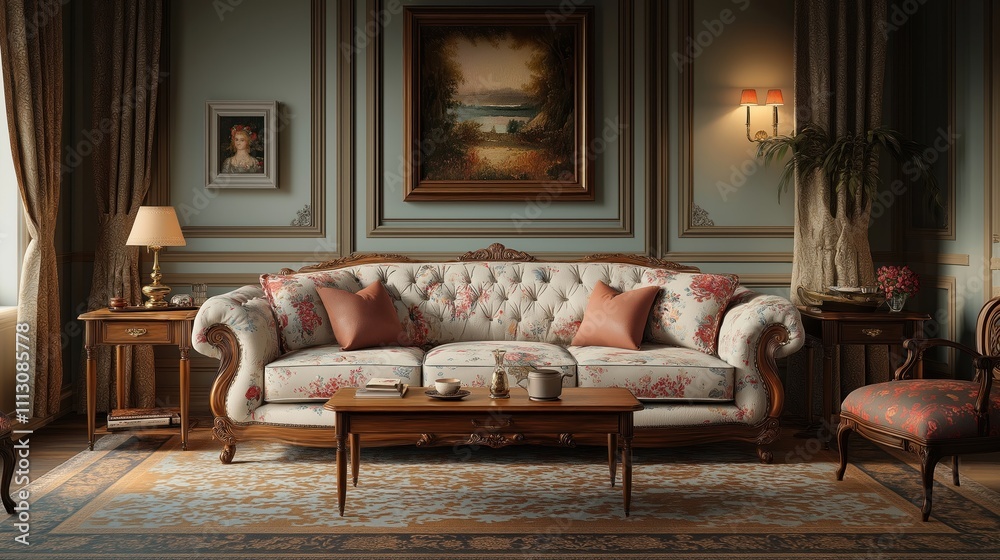Fototapeta premium Classic living room with traditional style furniture. Floral patterned sofa, armchairs. Wooden coffee table with cup, saucer. Elegant accessories, lighting. Stylish interior design. Generative AI